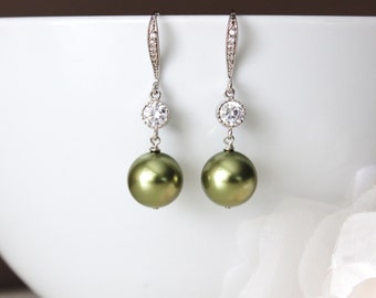Green Pearl Earrings Olive Green Earrings Green Wedding Jewelry Green Bridesmaid Earrings Greenery Wedding Bridesmaid Gift Ideas