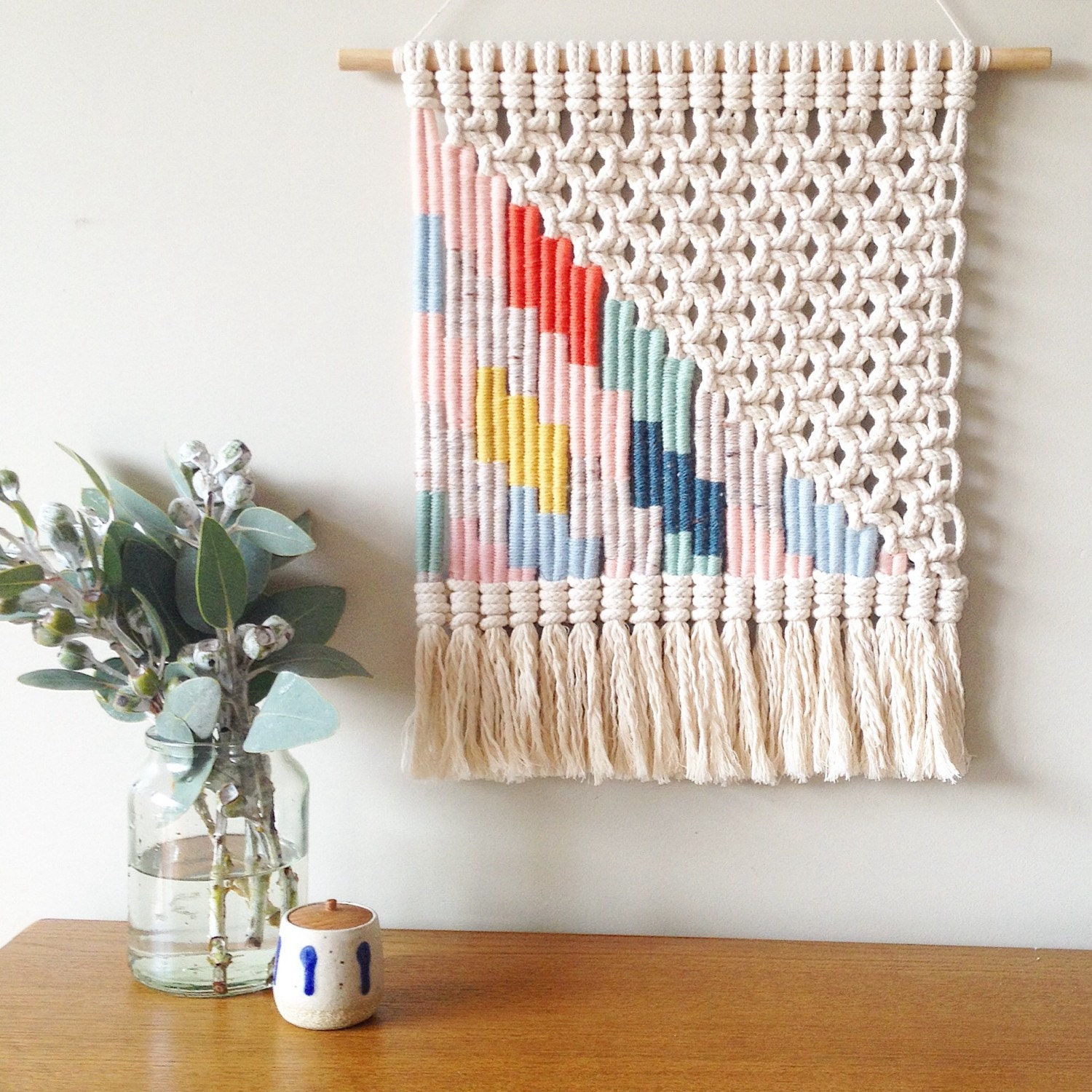 Woven macrame wall hanging multi-coloured lightning