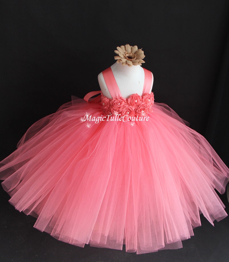 Coral flower girl dresses with sleeves