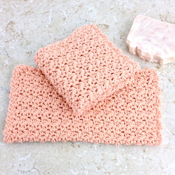 Set of Two Crochet Washcloths Peach Blush Cotton Large