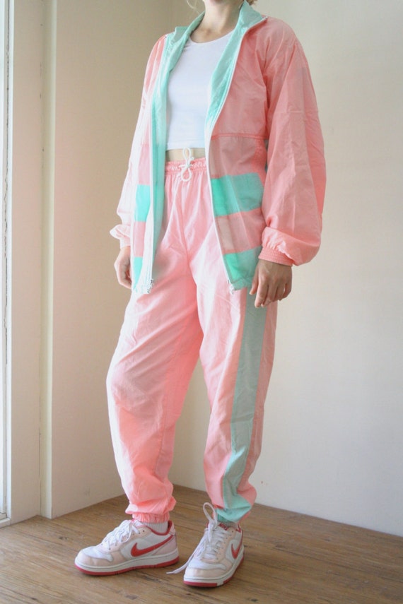 90s Pastel Neon Windbreaker Pink and Teal by DownHouseVintage