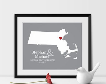 State Art Map Print, Boston Wedding Map of Massachusetts Personalized ...