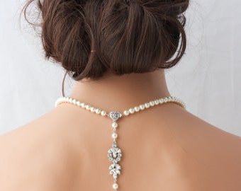 Pearl Backdrop Bridal Necklace Crystal Pearl Wedding Necklace Simple Back Drop Swarovski Crystal Wedding Jewelry AMELIA