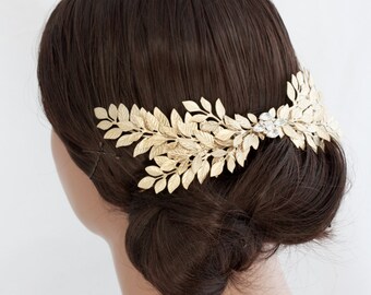 Grecian Headpiece Large Leaf Head Piece Gold Leaves Back Comb Laurel Hair Comb Matt Gold Wedding Hair Accessories ABELLA LARGE COMB