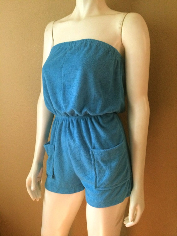 Vintage Women's 70's Terry Cloth Romper Turquoise