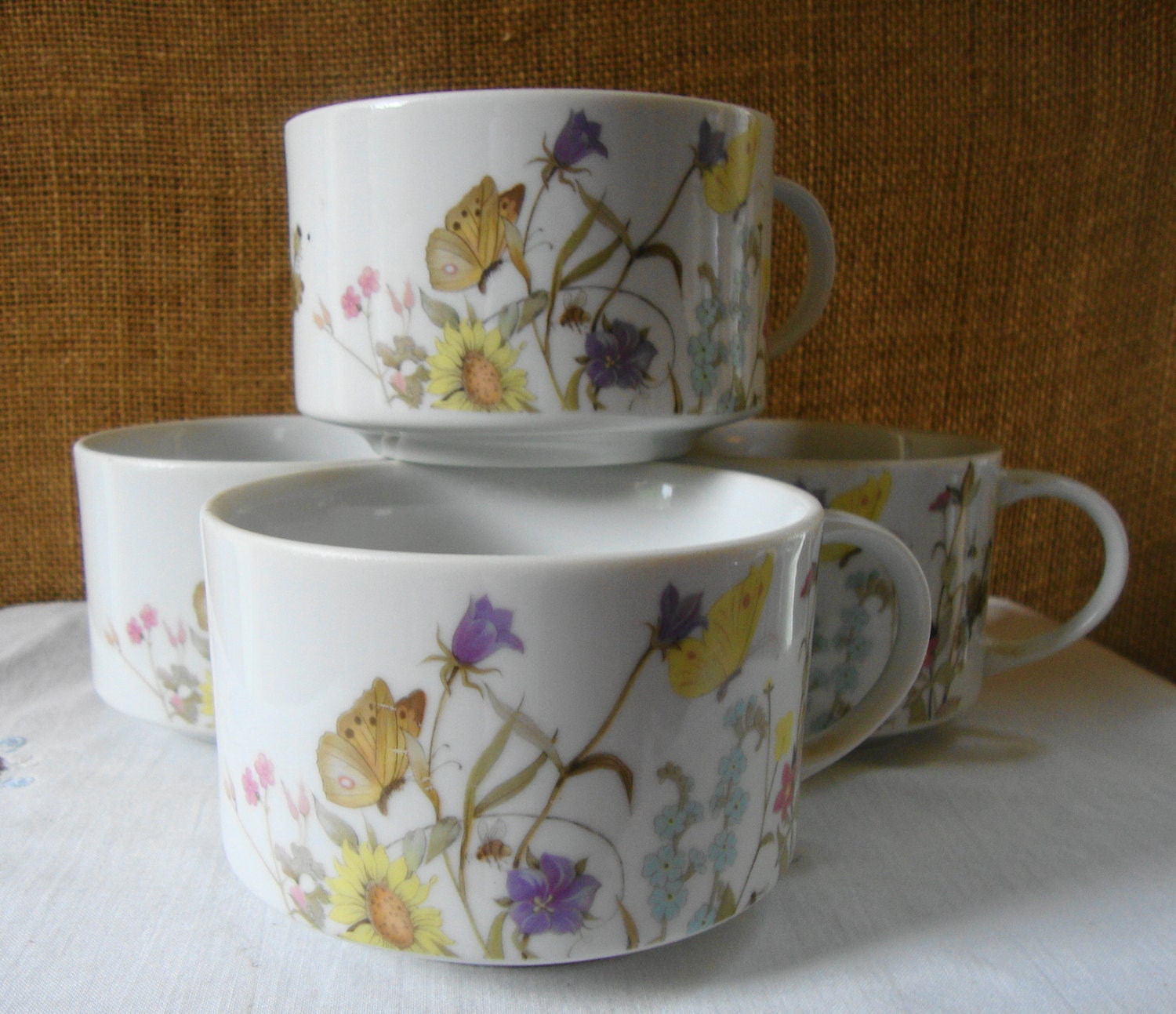4 VINTAGE Porcelain Soup Cups Enesco Japan 12oz Soup Serving Mug Cups