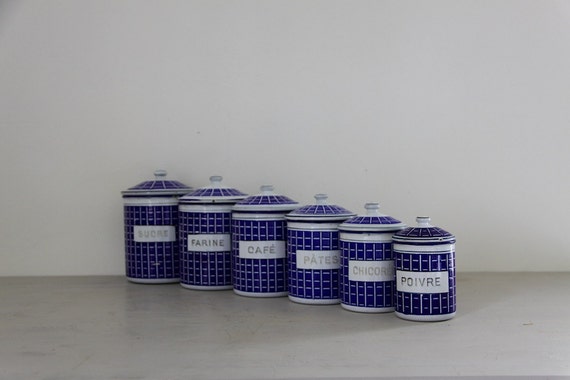 Antique French Enamel  Kitchen  Canister Set  in Blue  White