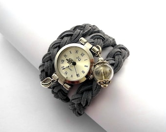 Real Dandelion Suede Wrap Watch. Silvergrey. CUSTOMIZED to your size. Watch for her.