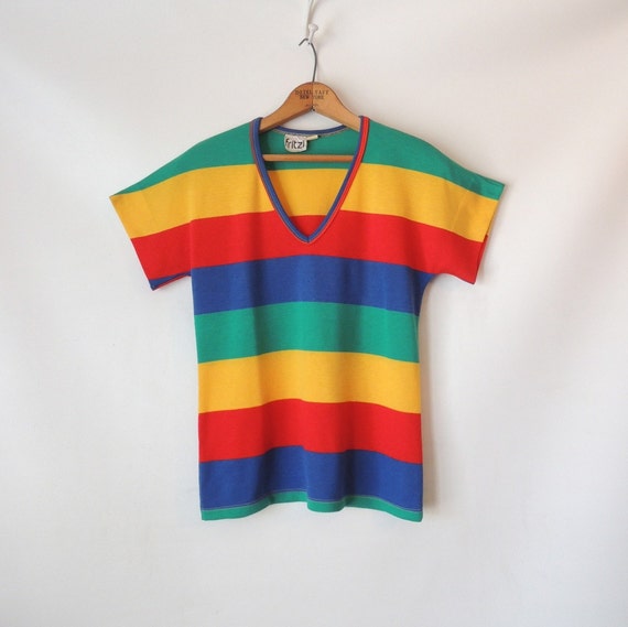 70s Rainbow Striped Shirt / V-Neck Tee Shirt / Primary Colors