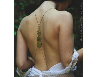 Moon phase, lunar cycle, geometric design body chain, body harness, hammered brass, fire oxidised for a rainbow patina or in sterling silver