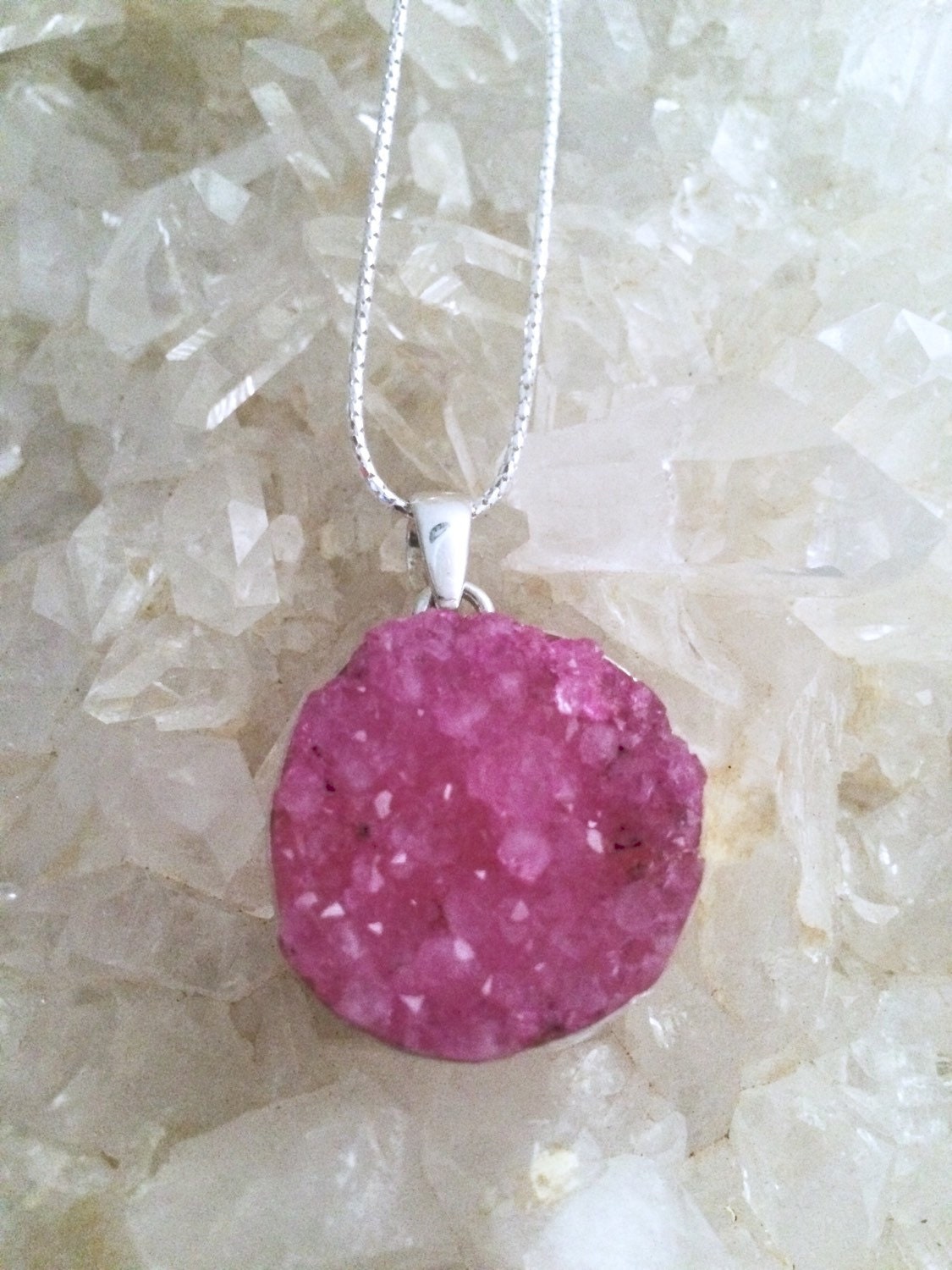 Pink Quartz Druse Sterling Silver Necklace Round by SageandSynergy