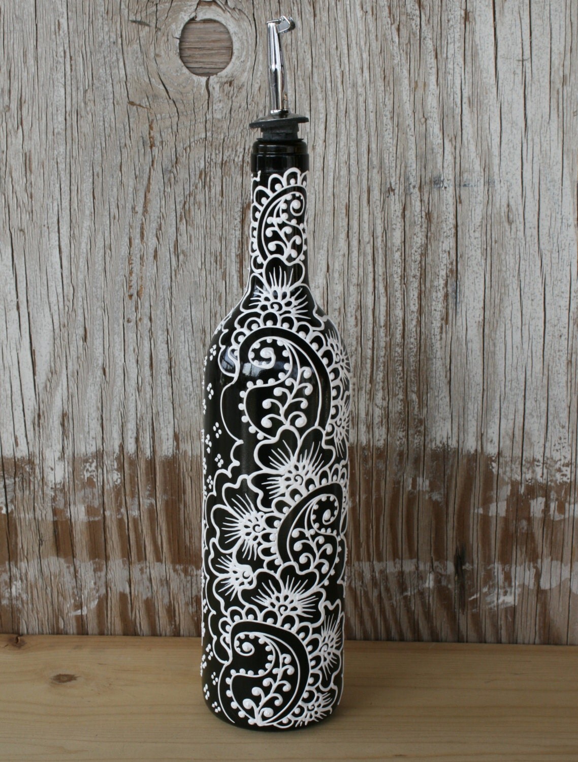 Hand Painted Wine bottle Olive Oil Pourer Jet Black by LucentJane