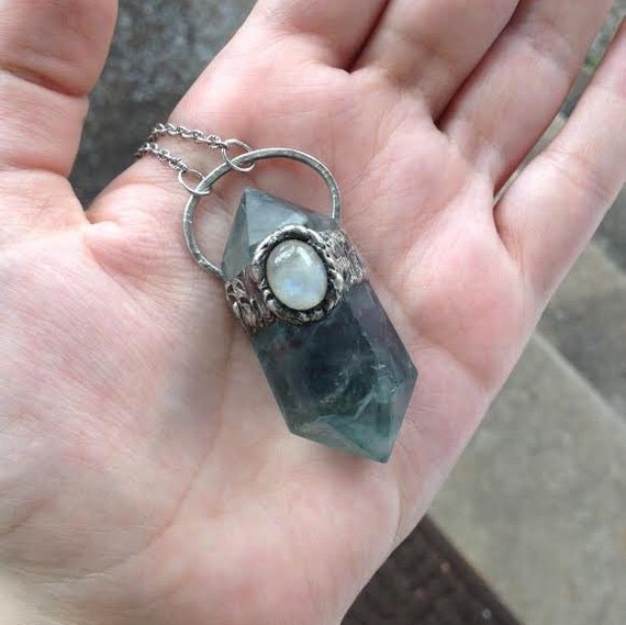 GEMINI MOON. Fluorite & Moonstone Amulet Large Rainbow