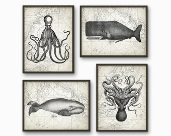 Whales And Octopus Bathroom Print Set of 4 - Bathroom Decor - Marine Biology Art - Whale And Octopus Illustration - AB217