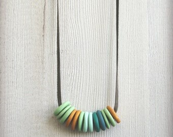 Fimo necklace long leather necklace polymer clay jewelry minimalist necklace simple stacked necklace round beads disc beads necklace sculpey