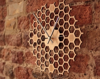 Honeycomb Inspired Wooden Wall Clock With Non Ticking, Silent Sweep, Unique and Minimalist Clock - Bamboo Kitchen Wall Decor