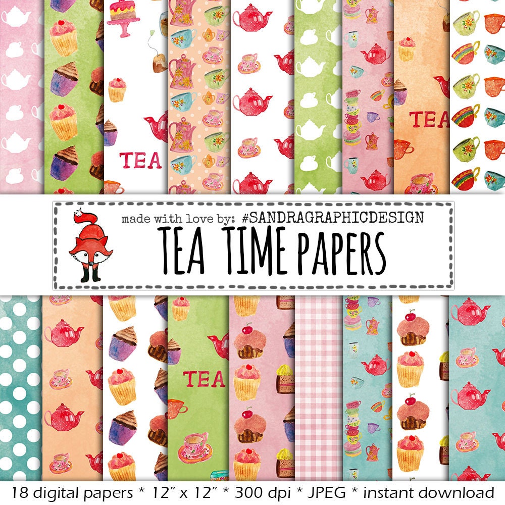 Tea digital paper “TEA TIME” with tea clip art, tea cups, mugs, honey ...