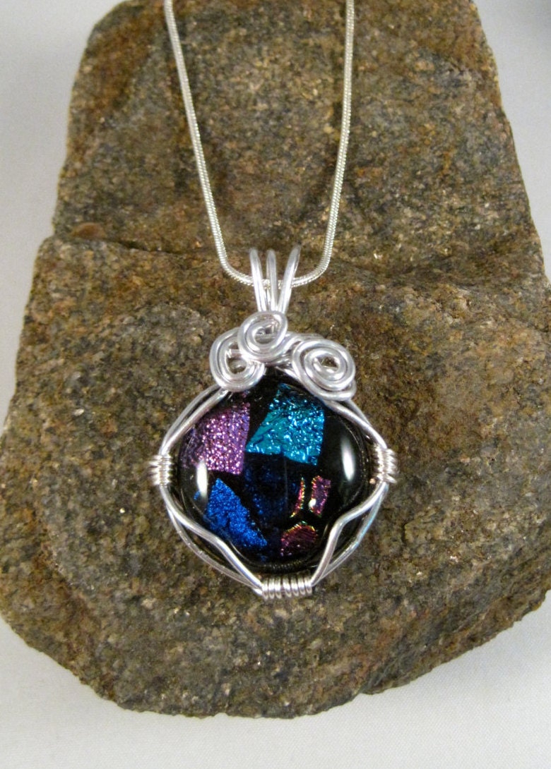 Wire Wrapped Dichroic Glass Pendant Necklace Black Blue