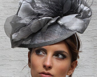 Silver Kentucky derby hat, Grey Royal ascot Fascinator hat, Wedding hat, Church hat, Couture Hat, Tea party hat, Melbourne cup headpiece