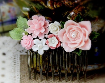 Art Deco Bridal Comb, Pink Rose Hair Comb, Resin Flower Hair Pin, Garden Wedding, Vintage Inspired Hair Comb, Cottage Chic, Woodland Style