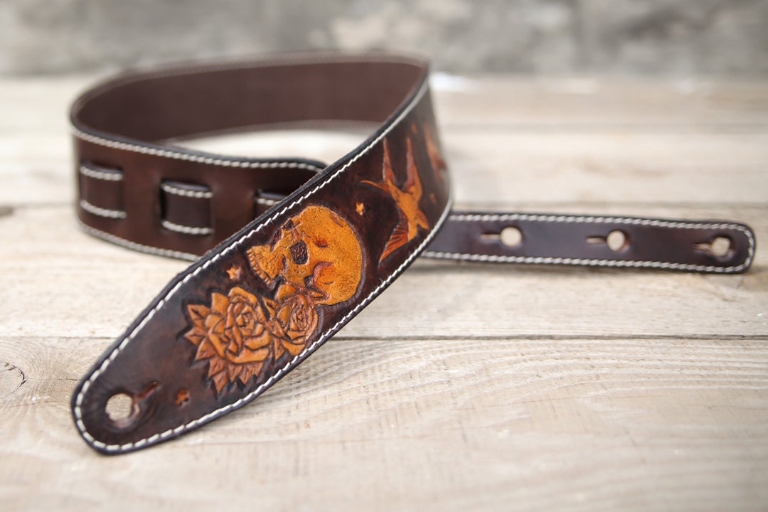 Leather guitar strap linedup skull and roses. by BanditFrance
