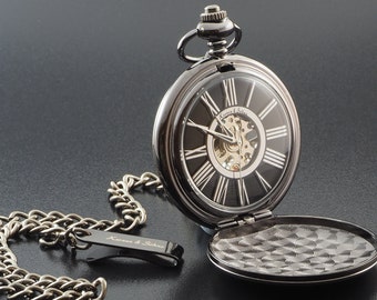 Custom Engraved Black Skeleton Pocket Watch - Gift Boxed PW-9-M