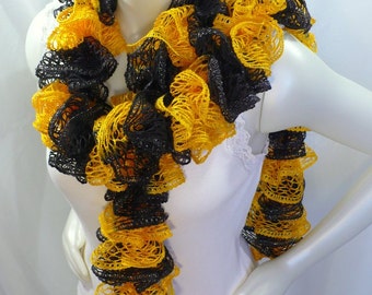 Yellow and Black Ruffle Scarf - Sashay Scarf, Black & Gold, Woman's Fun Scarf for Pirates fan, Steelers fan, Saints fan, Bruins fan
