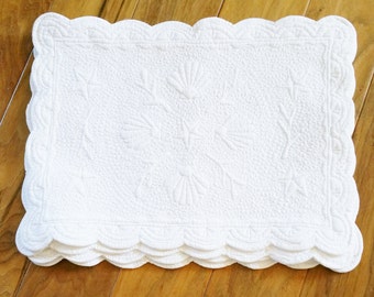Vintage Romantic Home Snow White Seashell Placemats, Set of Four, Coastal Vintage, Olives and Doves