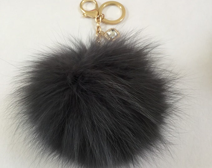 Dark Gray Fox Fur Pom Pom keychain ball luxury bag pendant with clear crystal charm