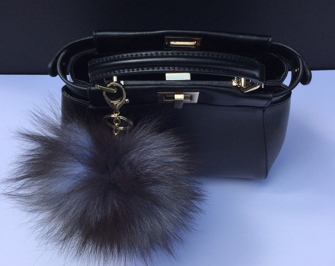 Punk Large size Pompon bag charm pendant fox Fur Pom Pom keychain very unique blue-black-brown