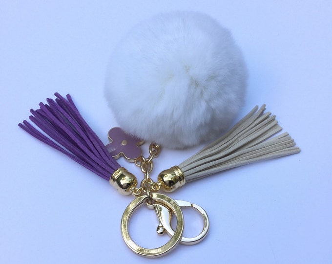 Fur pom pom keychain bag, purse pendant charm in crisp white with two 3.5 inch leather tassels