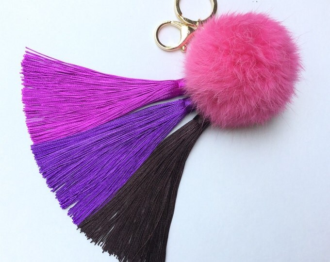 Purple/Brown Gradient Tassel Handbag Charm Fur Pom Pom ball keychain