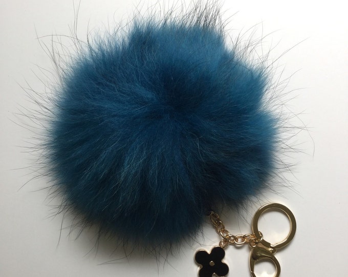 Fur Pom Pom keychain luxury bag charm pendant clover flower keychain keyring in deep ocean blue with natural black strip