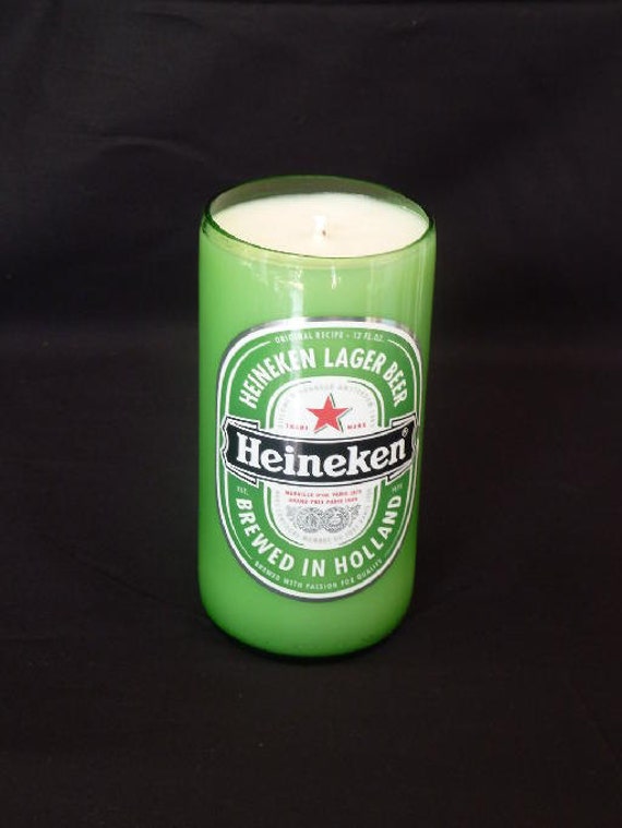 Heineken soy wax homemade candle, recycled bottle hand cut, hand poured