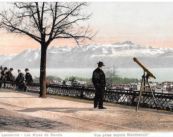 Men with a Telescope, Lausanne, Les Alps de Savoie, Vue Prise Depuis Montbenon, Circa 1910 Unused Postcard, Switzerland