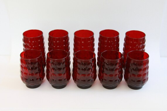 Vintage Ruby Red Bubble Glassware Anchor Hocking Set Of 10 8540