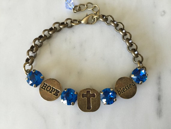 Blessed Bracelet with Capri Blue Crystals, in Antique Brass