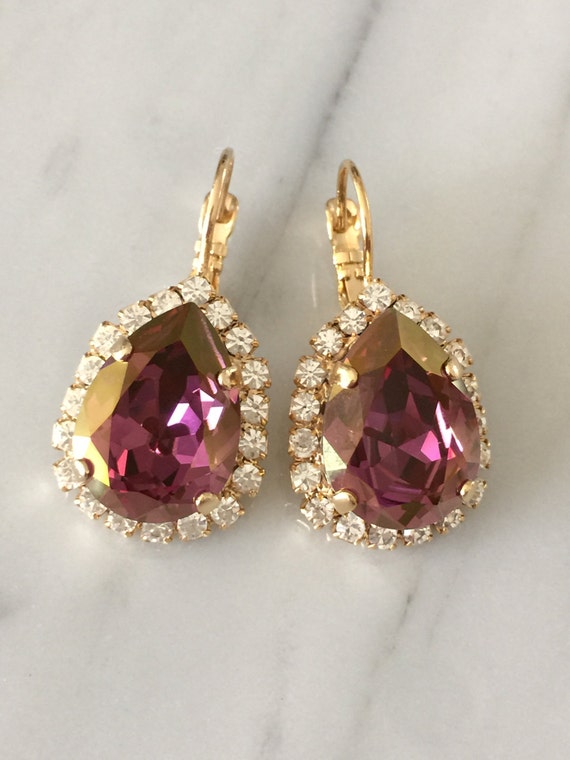 Large Pear Cut Swarovski Lilac Shadow Crystal Bridal, Bridesmaid, Cocktail Yellow Gold Earrings