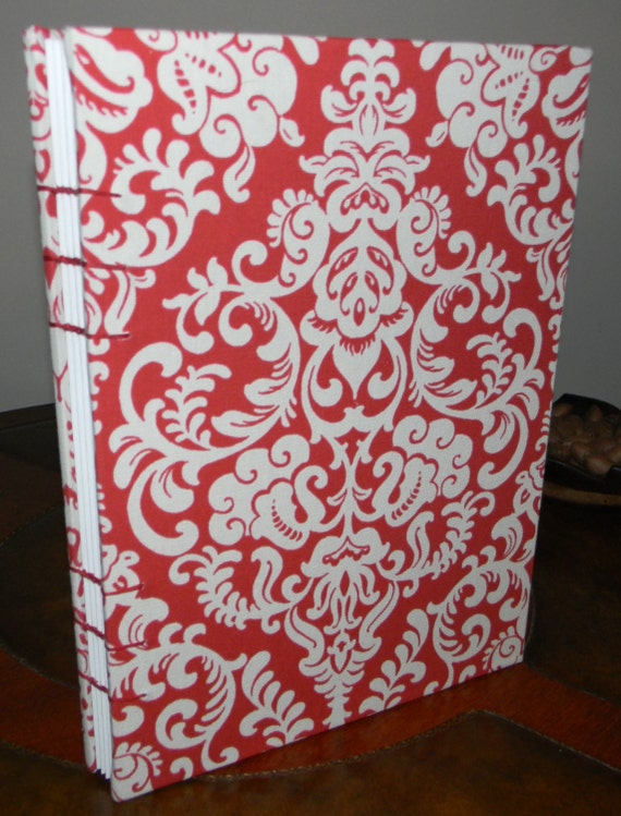 Extra Large Red and White Damask Print Fabric Hardcover Coptic
