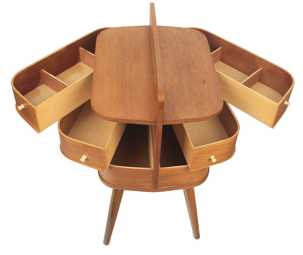 1950s sewing box table storage 60s 70s mid century modern teak danish