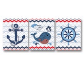 Nautical nursery wall decor bathroom art kids room artwork baby boy room art nursery decoration anchor captain wheel whale navy blue red