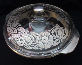 Vintage Fire King, Georges Briard, Silver Plated in Floral Motif, Round, 2 quart Casserole Dish by Anchor Hocking #448. 1960's