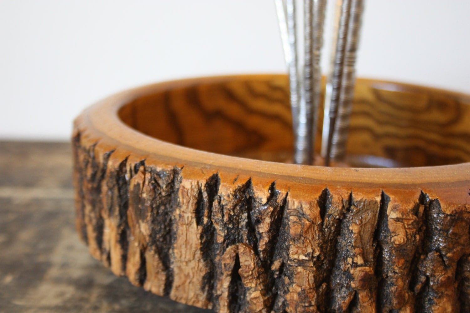 Vintage Tree Slice Nut Cracker Bowl Set, Mid Century Tree Bark Wood