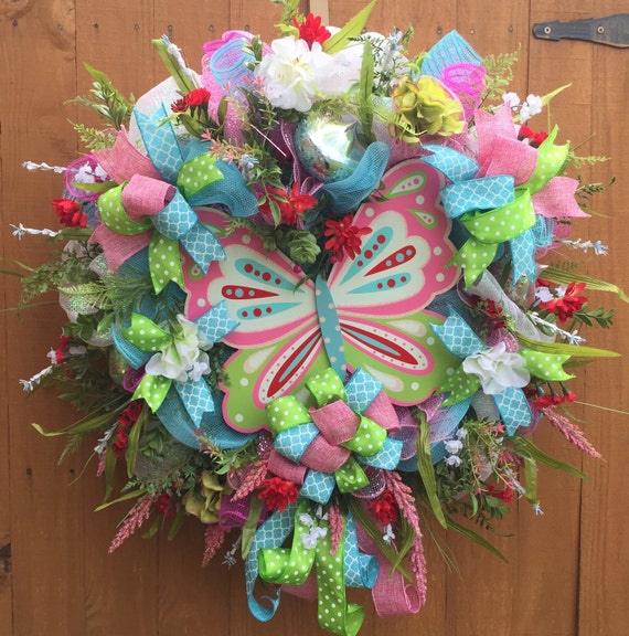 Items similar to Whimsical Butterfly Wreath, Deco Mesh Wreath, Summer ...