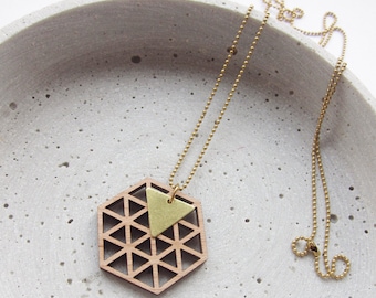 TRIANGLES wood - brass - long chain - Hexagon-