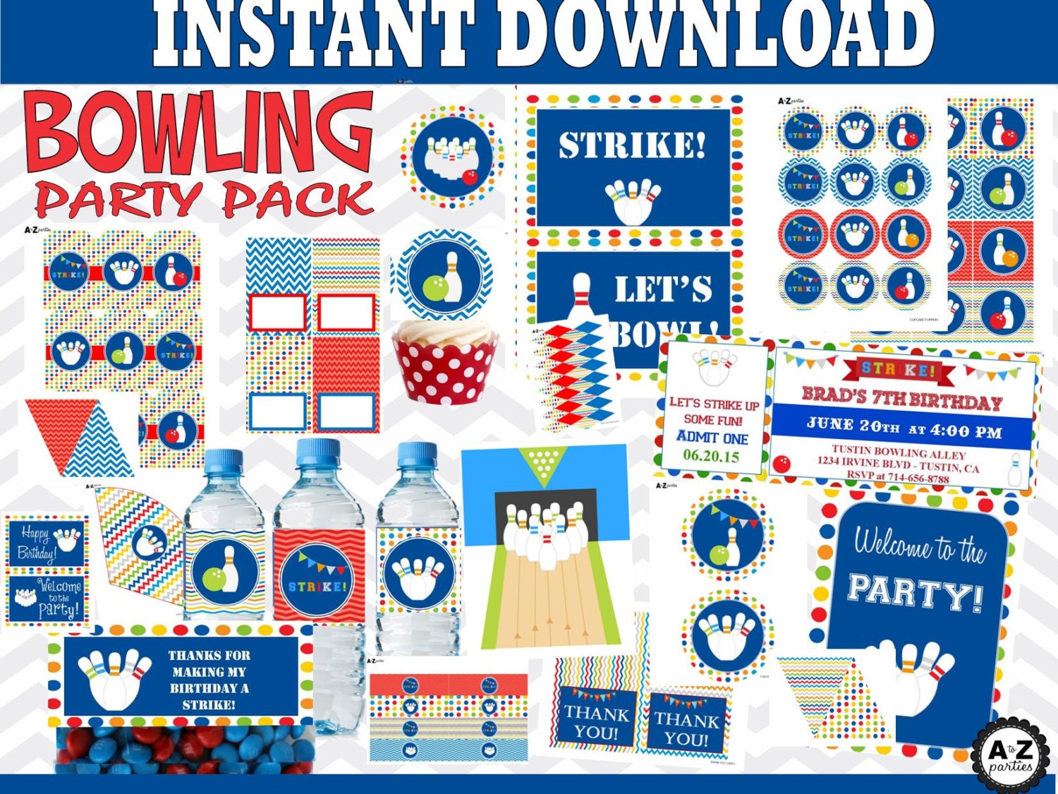 Bowling Birthday Party Package 100 items Instant by AtoZparties