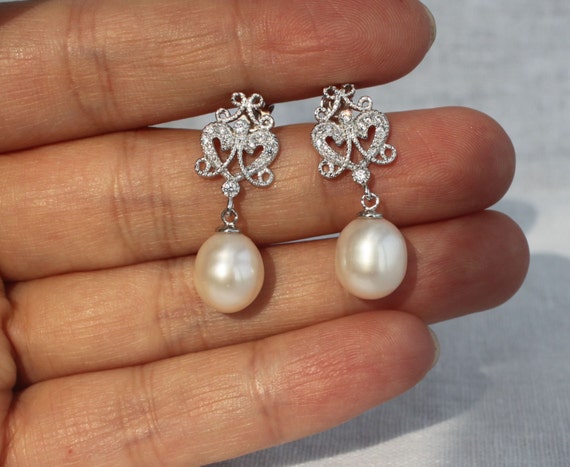 Drop pearl earingscrystal rhinestone and 925 silver by jewelryTang