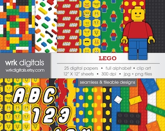 Lego Seamless Digital Paper and Clip Art Pack, Digital Scrapbooking, Instant Download