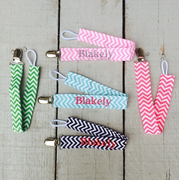 Chevron Print Monogrammed Pacifier Clip, personalized with baby name