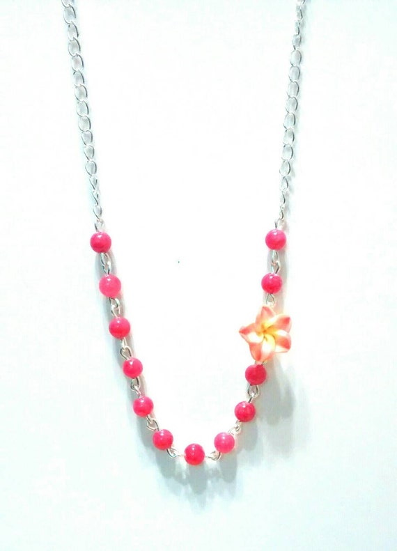 Pink bead necklace polymer clay flower by LovelyDesignsByRenee